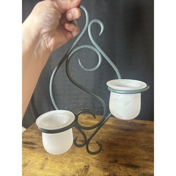 Partylite Candle Holders Scroll Sconce Green Wrought Iron Frosted Votive Holders - Picture 10 of 11